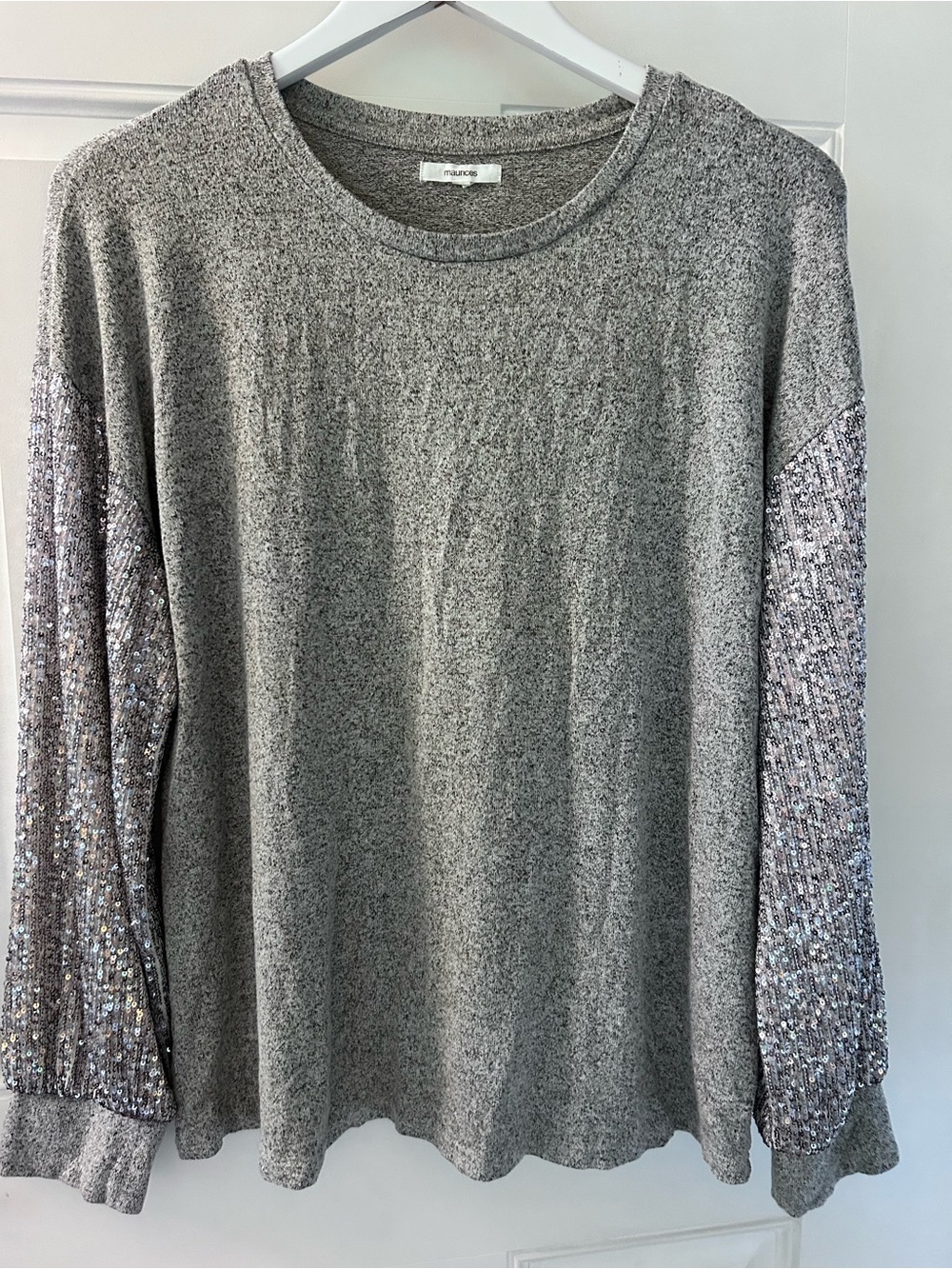 Maurices Gray Marled Long Sleeve Top with Sequin Accent Sleeves